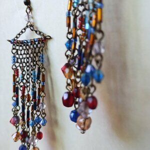 Vintage boho waterfall beaded chandelier earrings - dark red, rust orange, blue